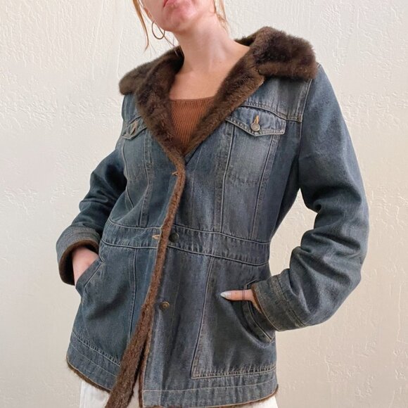 Vintage 90s/Y2K Brown Faux Fur Trim Jean Button Up Coat - Picture 5 of 7